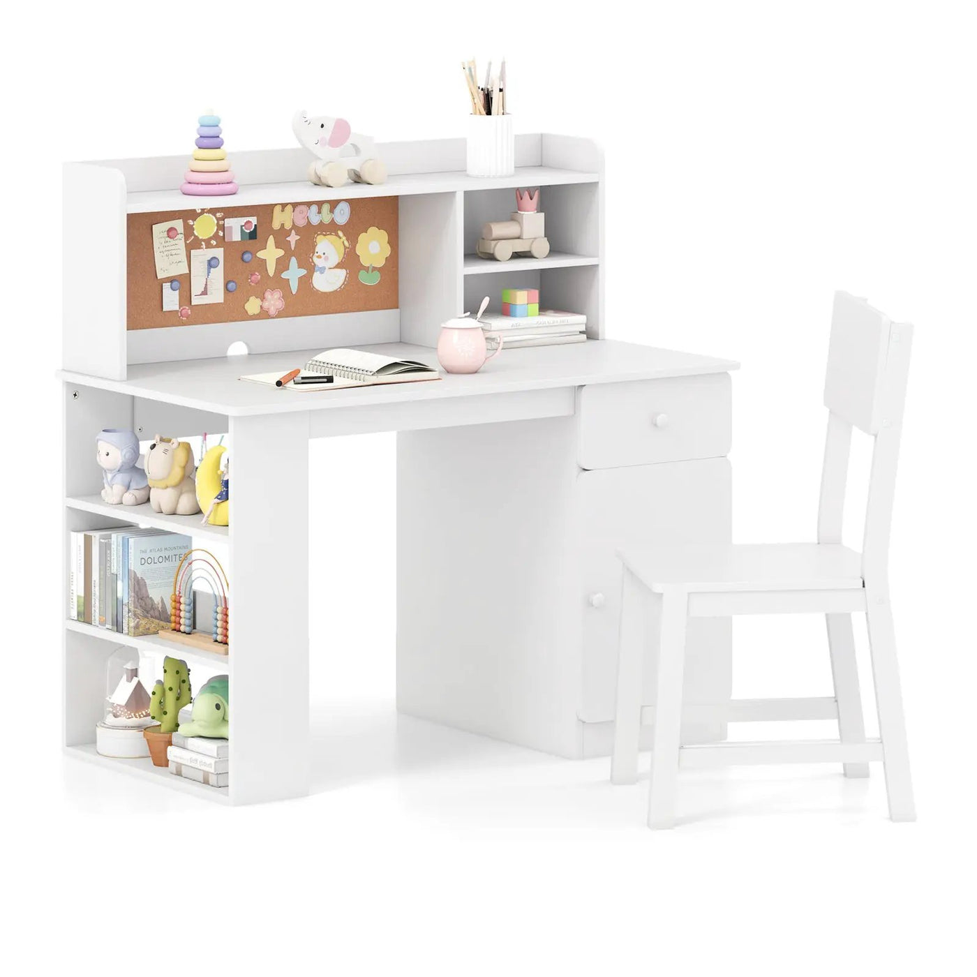 Kids Desk and Chair Set with Hutch and 3-Layer Side Shelf by DirectDeals