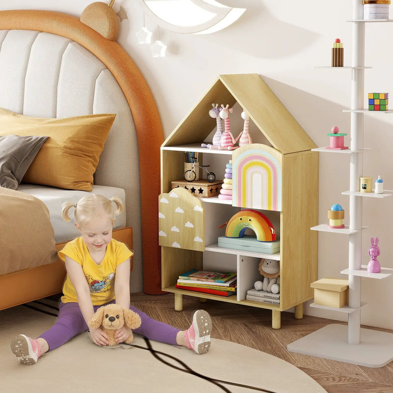 Kids Dollhouse Bookshelf House-shaped Bookcase Children Toy Storage Organizer-Natural by DirectDeals