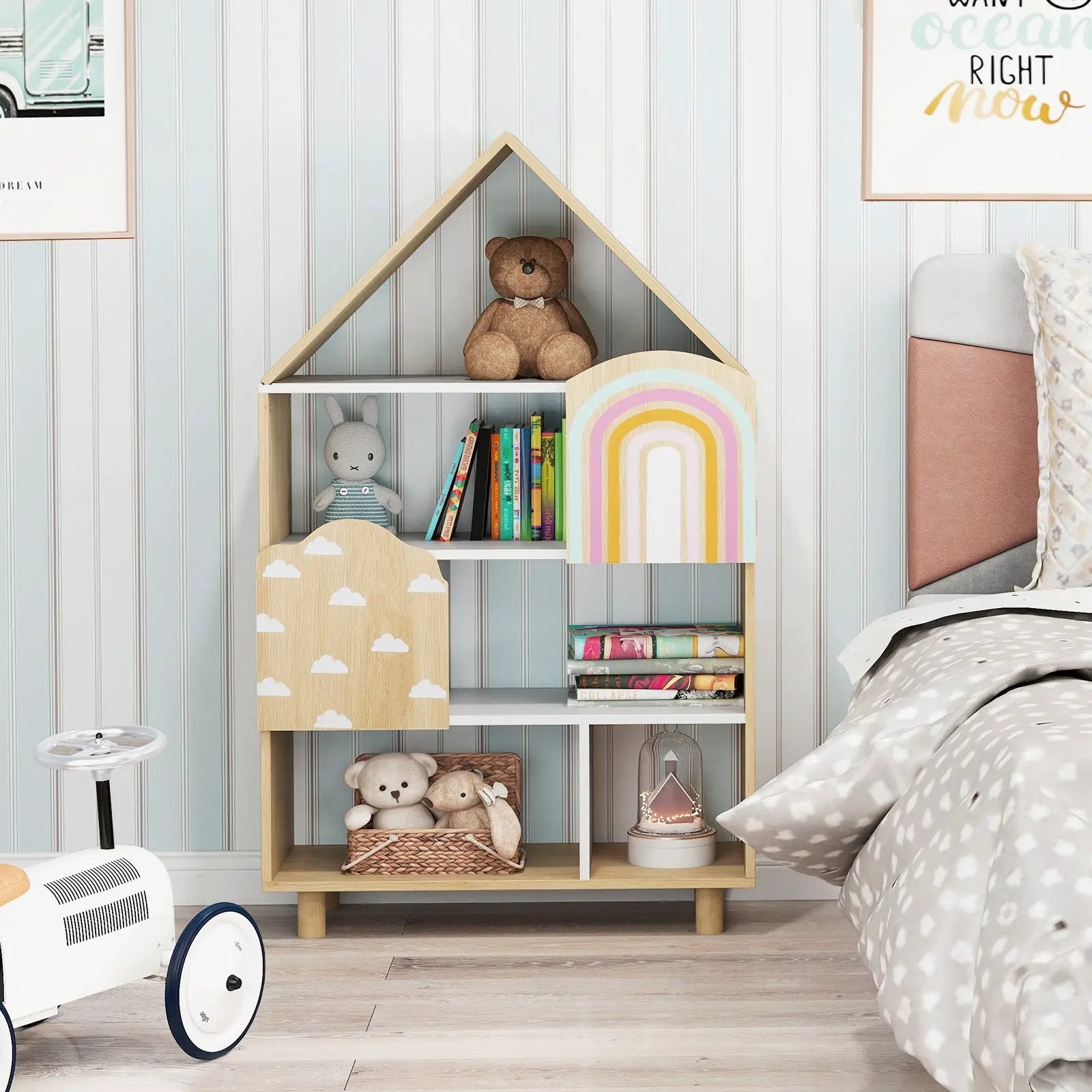 Kids Dollhouse Bookshelf House-shaped Bookcase Children Toy Storage Organizer-Natural by DirectDeals