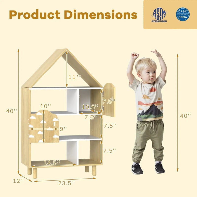 Kids Dollhouse Bookshelf House-shaped Bookcase Children Toy Storage Organizer-Natural by DirectDeals