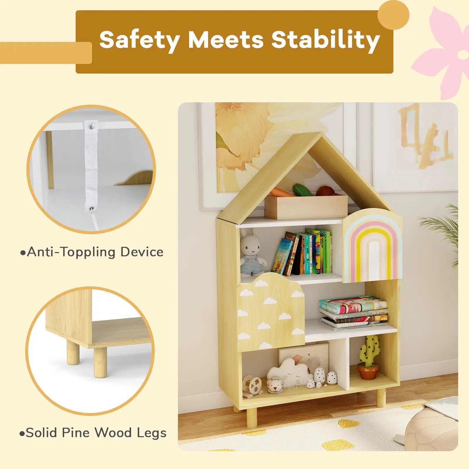 Kids Dollhouse Bookshelf House-shaped Bookcase Children Toy Storage Organizer-Natural by DirectDeals