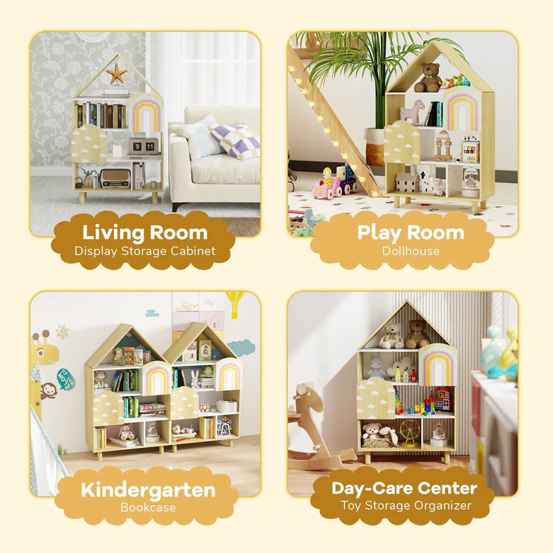 Kids Dollhouse Bookshelf House-shaped Bookcase Children Toy Storage Organizer-Natural by DirectDeals