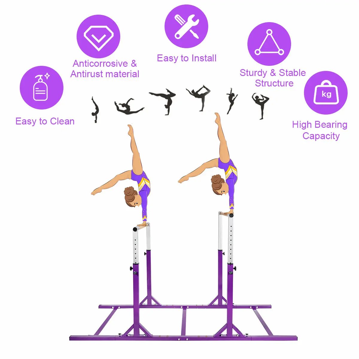Kids Double Horizontal Bars Gymnastic Training Parallel Bars Adjustable-Purple by DirectDeals