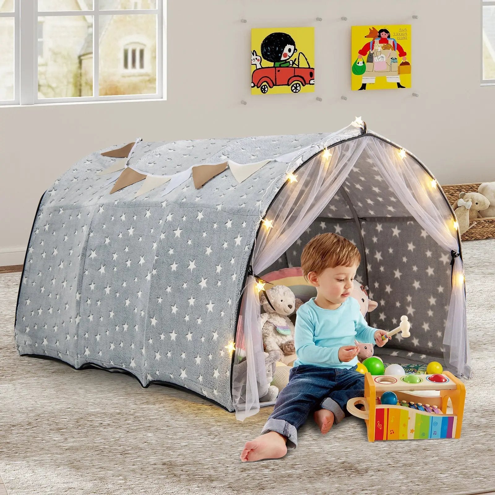 Kids Dream Bed Tent Twin Bunk Bed with Glow in the Dark Stars and Lights-Gray by DirectDeals