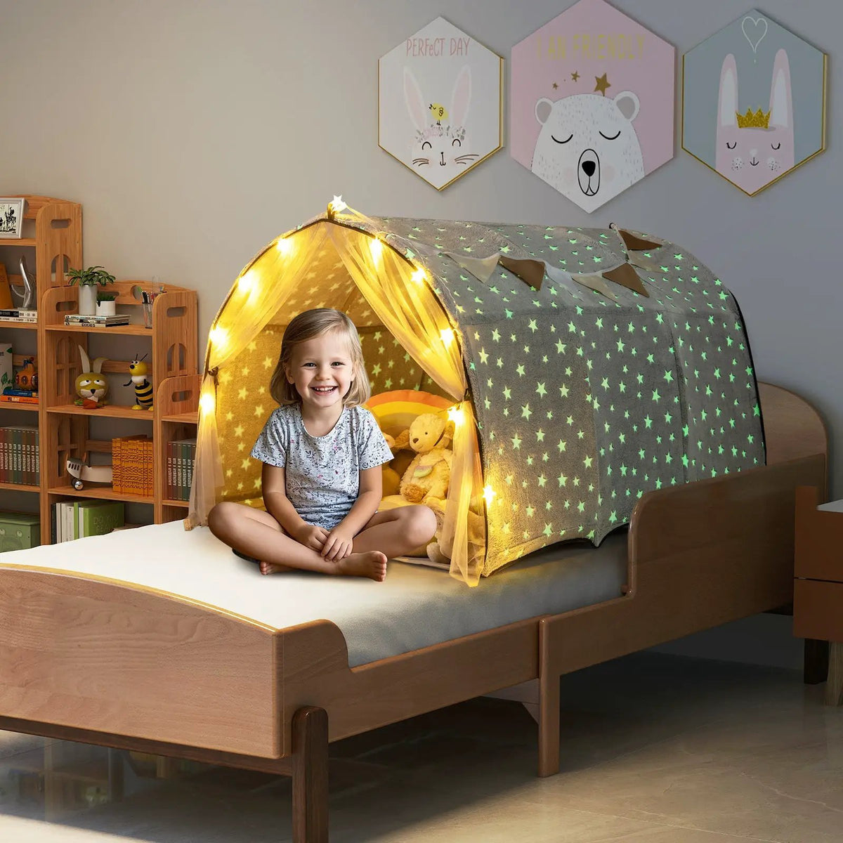 Kids Dream Bed Tent Twin Bunk Bed with Glow in the Dark Stars and Lights-Gray by DirectDeals