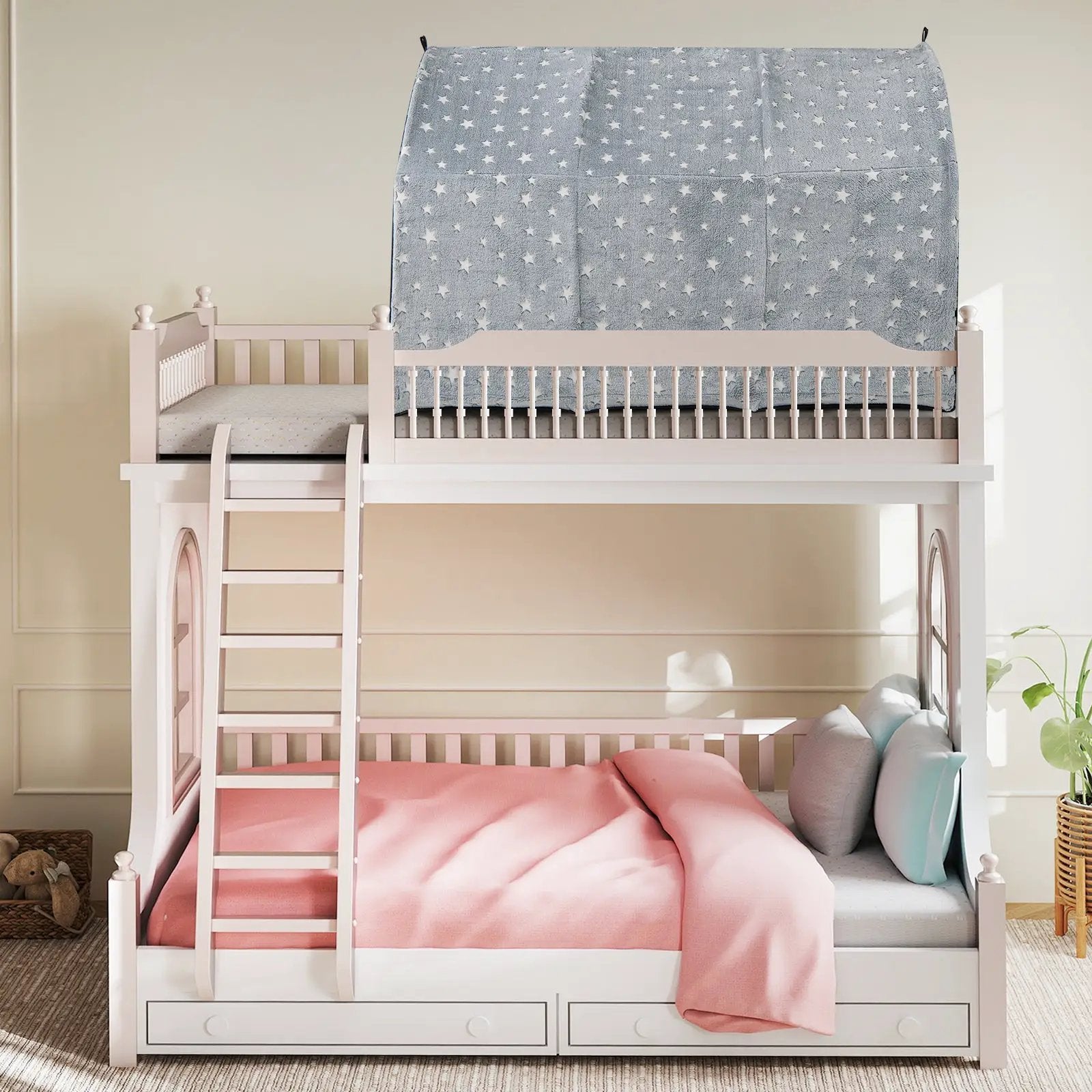 Kids Dream Bed Tent Twin Bunk Bed with Glow in the Dark Stars and Lights-Gray by DirectDeals