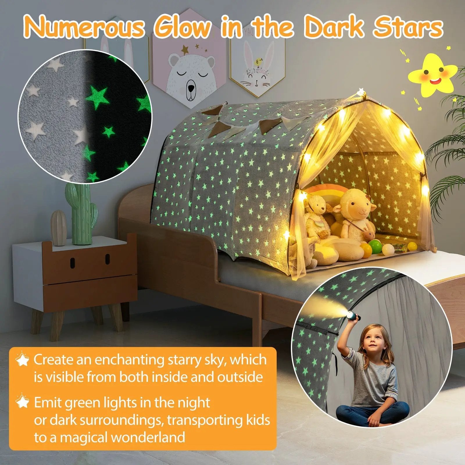 Kids Dream Bed Tent Twin Bunk Bed with Glow in the Dark Stars and Lights-Gray by DirectDeals