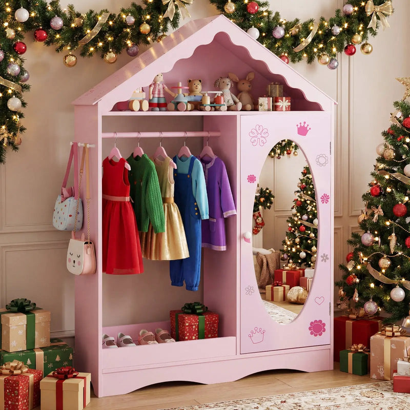 Kids Dress Up Storage with Mirror Roofed Wardrobe Closet with Open Hanging Rack by DirectDeals