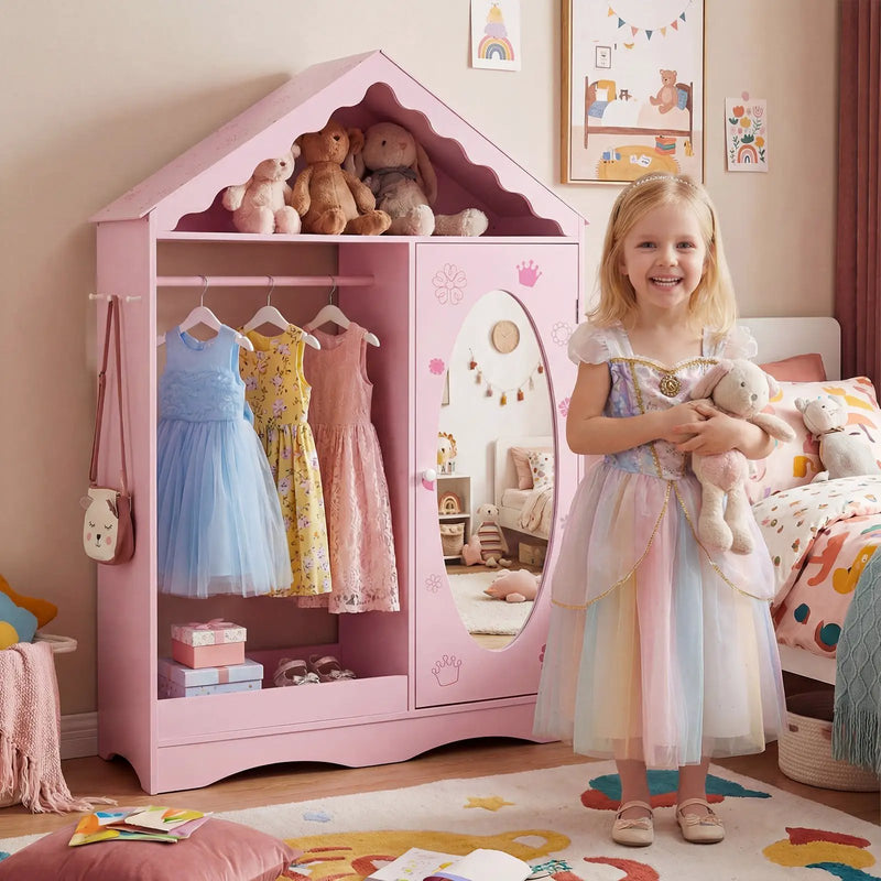Kids Dress Up Storage with Mirror Roofed Wardrobe Closet with Open Hanging Rack by DirectDeals
