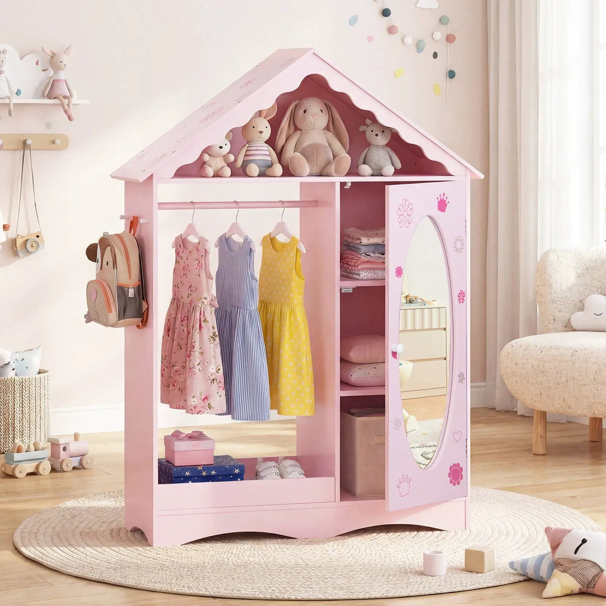 Kids Dress Up Storage with Mirror Roofed Wardrobe Closet with Open Hanging Rack by DirectDeals