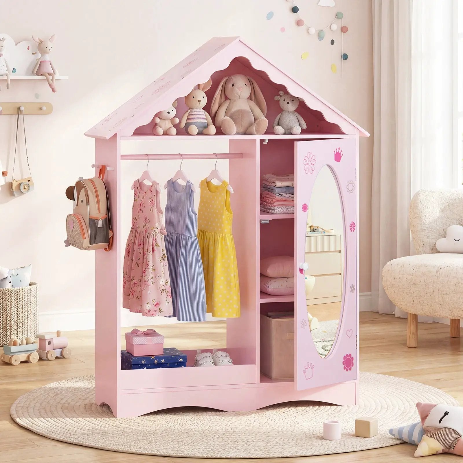 Kids Dress Up Storage with Mirror Roofed Wardrobe Closet with Open Hanging Rack by DirectDeals