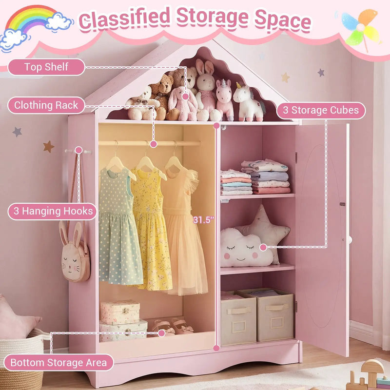 Kids Dress Up Storage with Mirror Roofed Wardrobe Closet with Open Hanging Rack by DirectDeals
