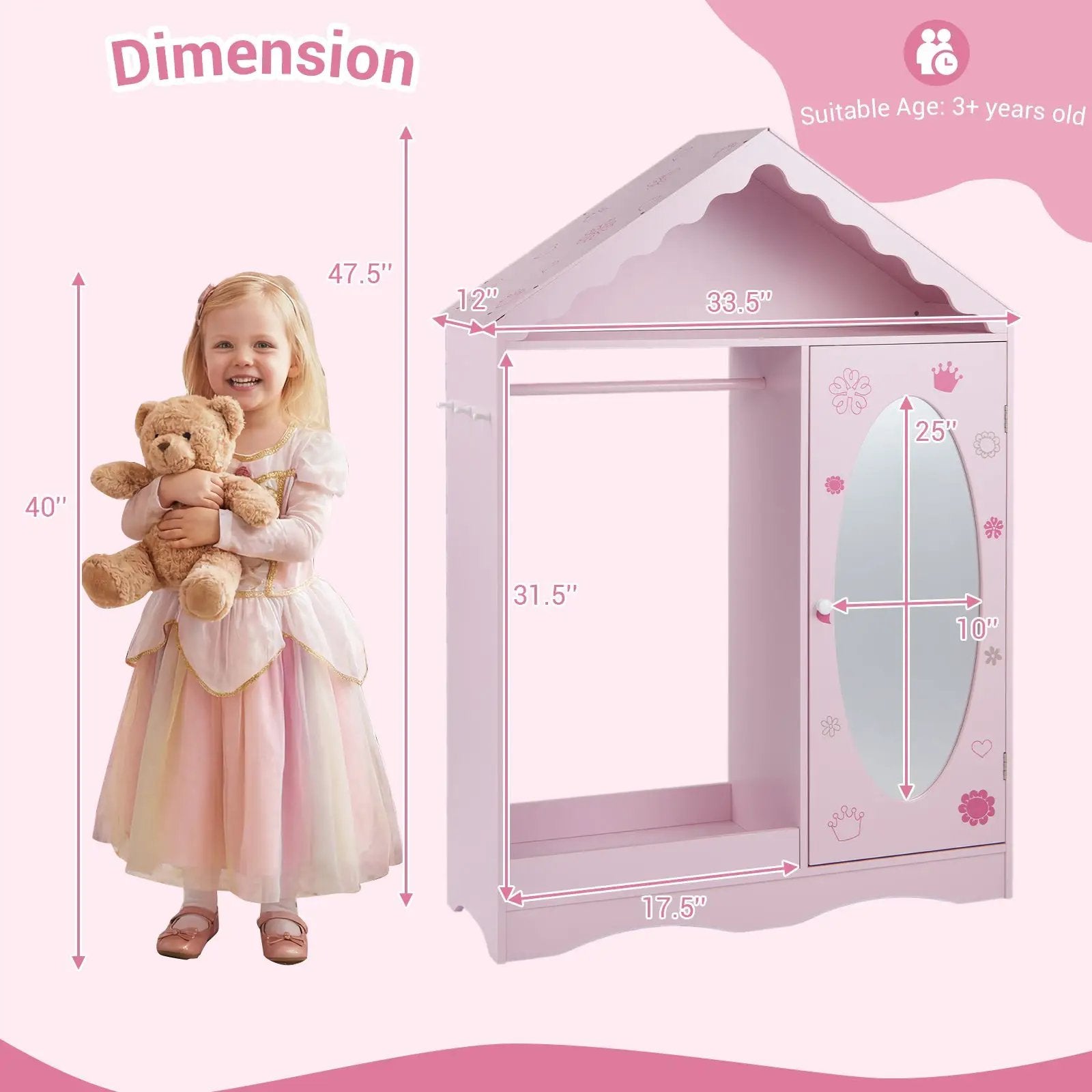 Kids Dress Up Storage with Mirror Roofed Wardrobe Closet with Open Hanging Rack by DirectDeals