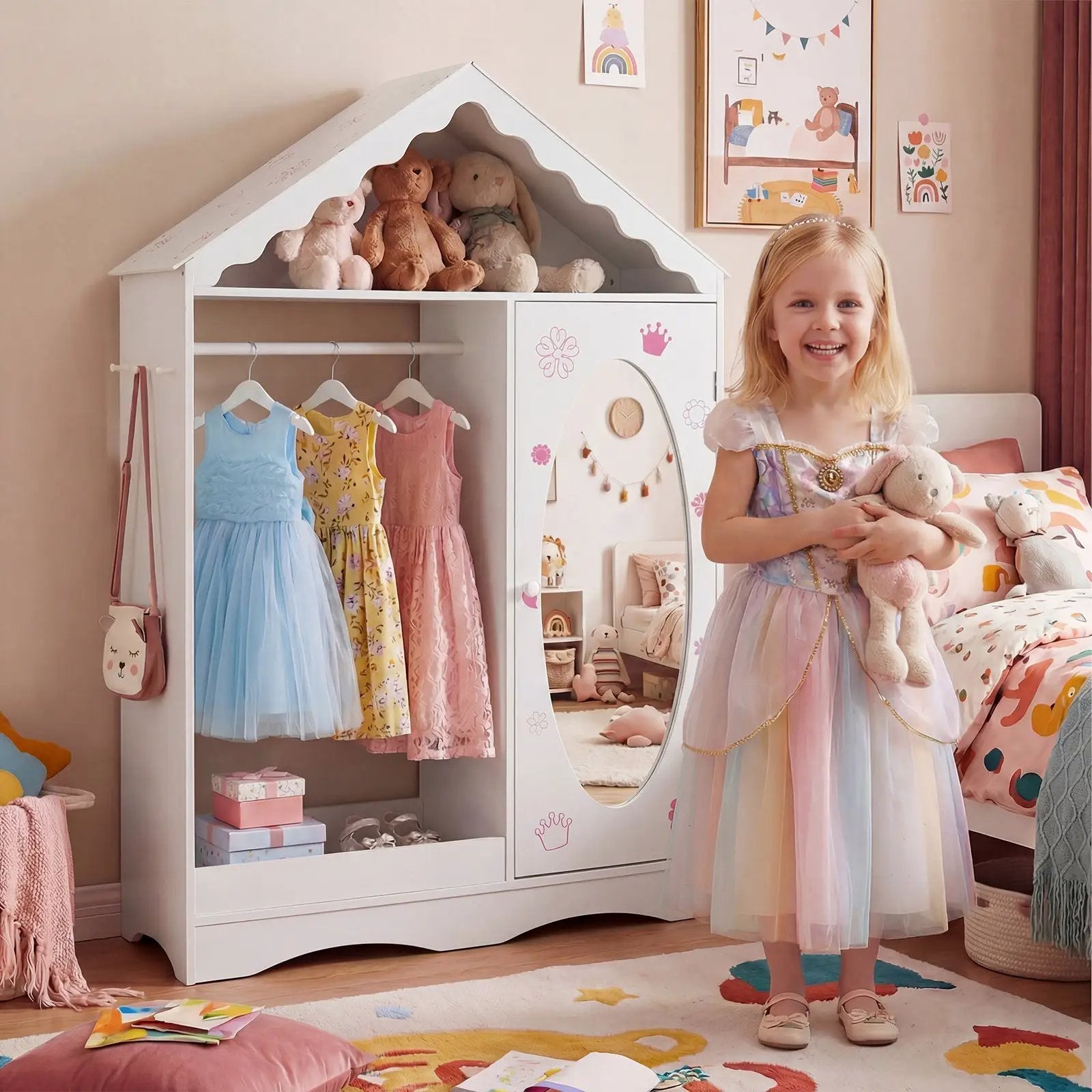 Kids Dress Up Storage with Mirror Roofed Wardrobe Closet with Open Hanging Rack by DirectDeals