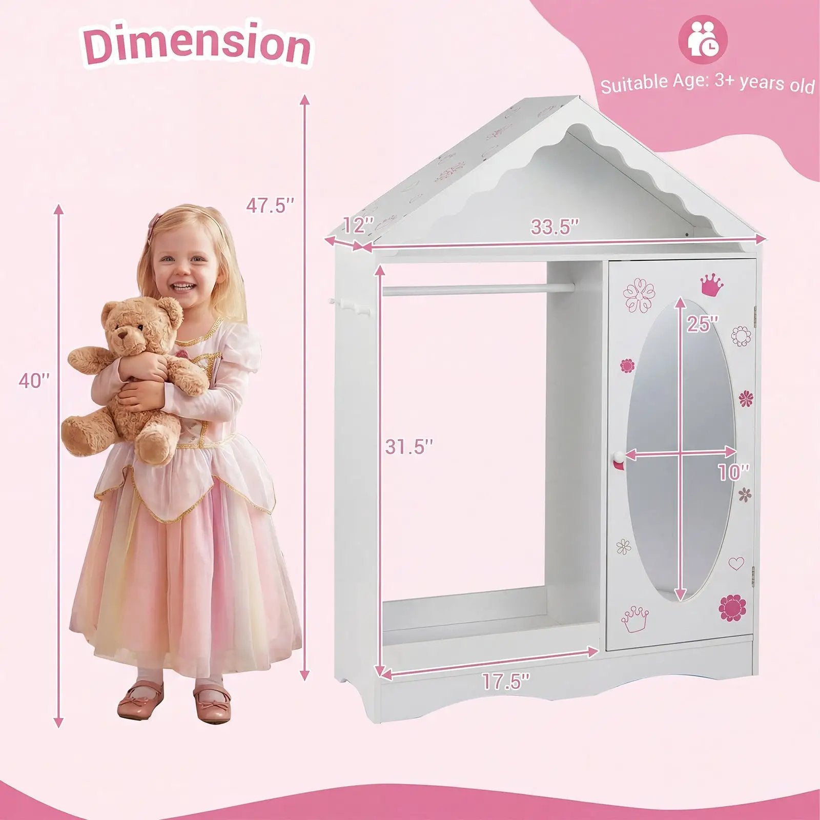 Kids Dress Up Storage with Mirror Roofed Wardrobe Closet with Open Hanging Rack by DirectDeals