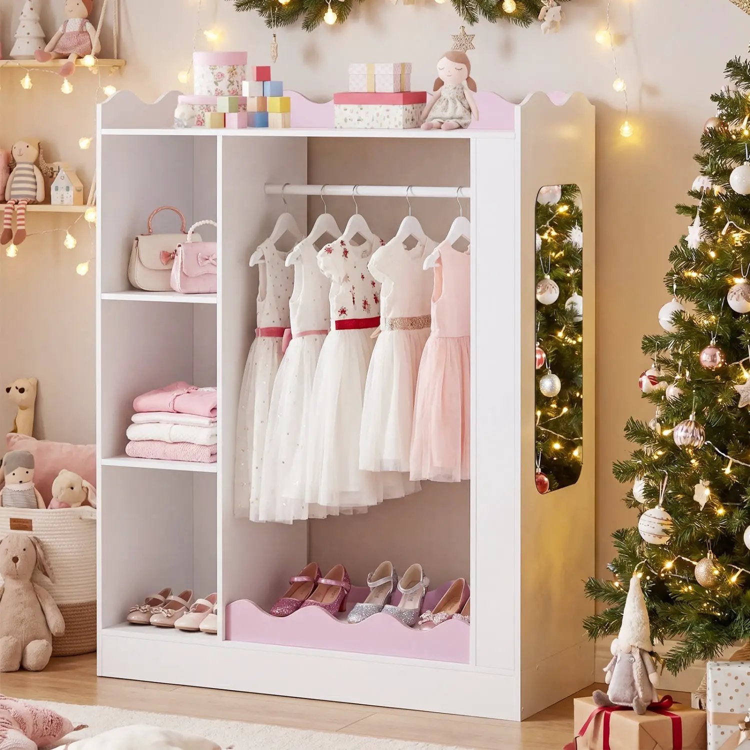 Kids Dress Up Storage with Mirror and Hanging Rack - Pink by DirectDeals