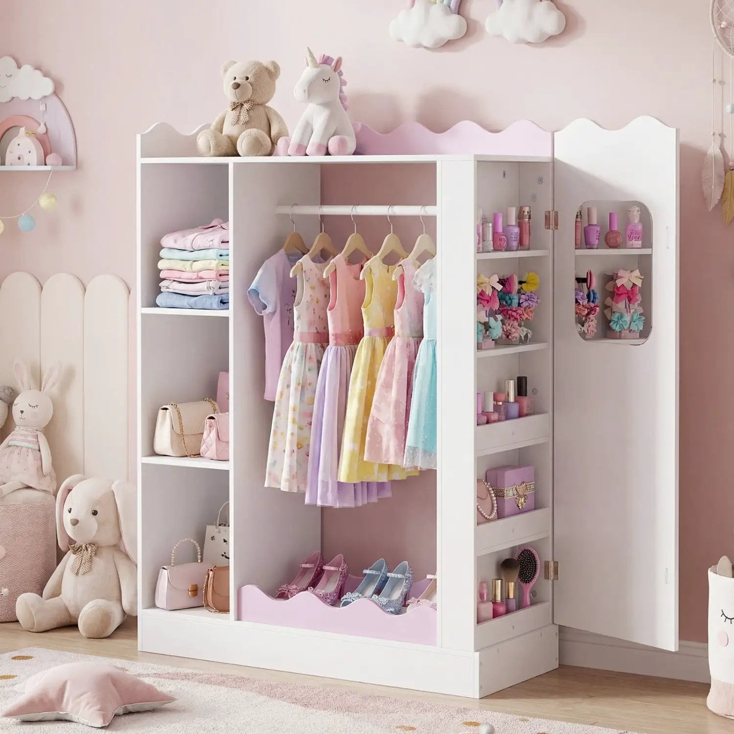 Kids Dress Up Storage with Mirror and Hanging Rack - Pink by DirectDeals