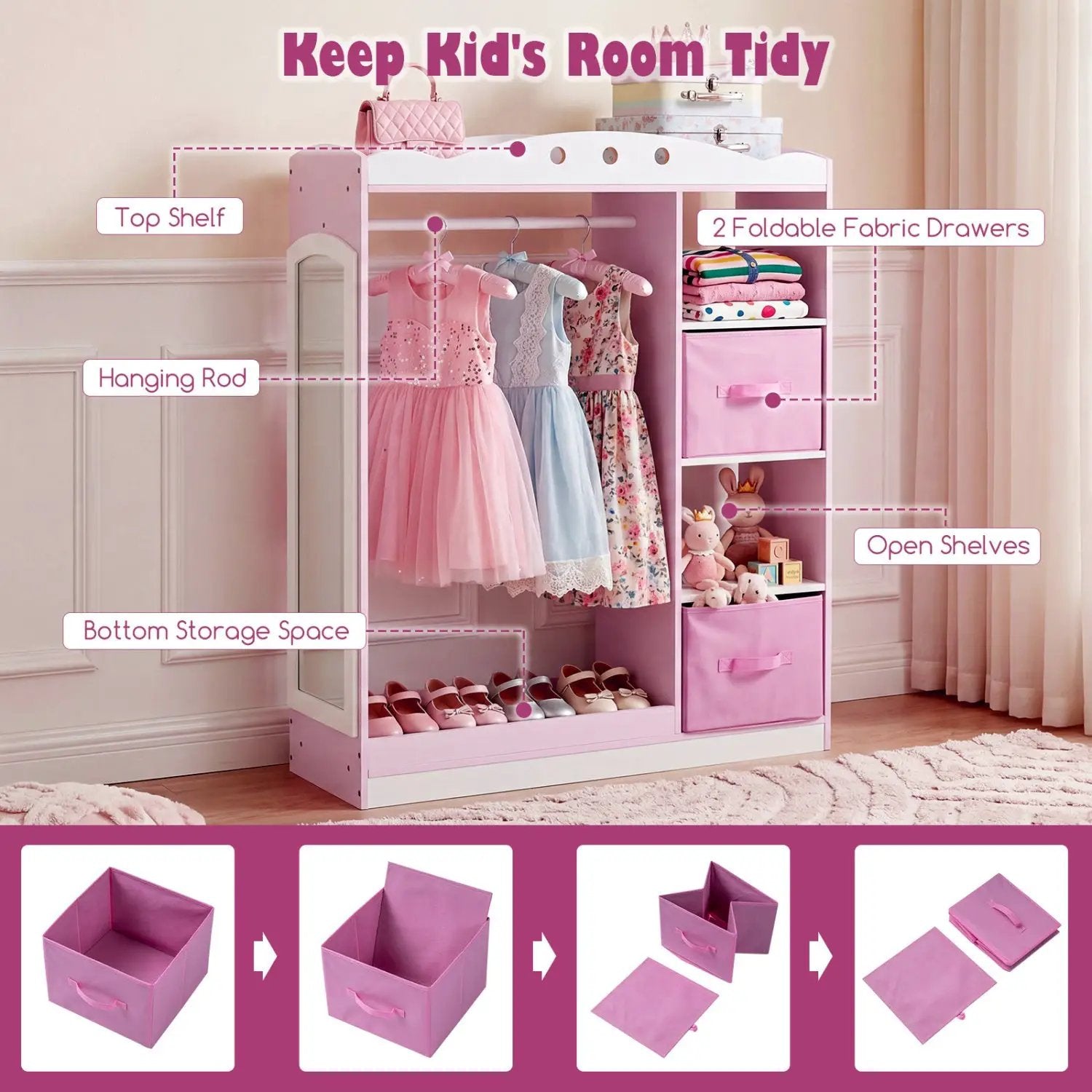 Kids Dress Up Storage with Full Length Mirror - Pink by DirectDeals