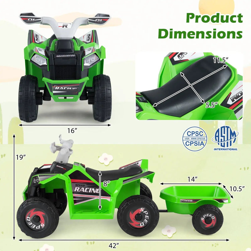 6V Kids Electric ATV Quad Car with Detachable Trailer by DirectDeals
