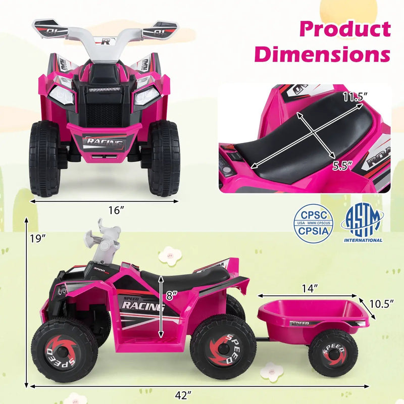 6V Kids Electric ATV Quad Car with Detachable Trailer by DirectDeals