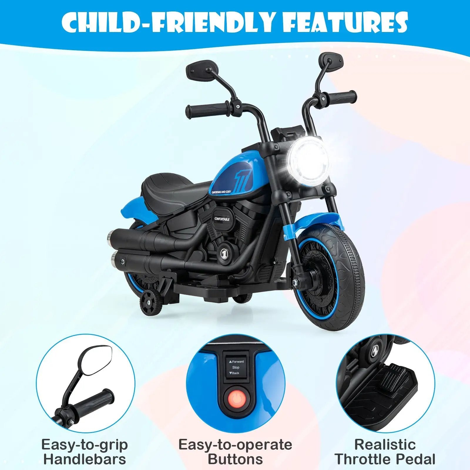 Kids Electric Motorcycle with Training Wheels and LED Headlights by DirectDeals