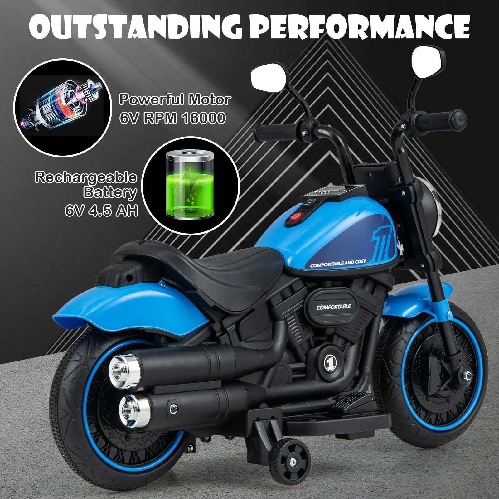 Kids Electric Motorcycle with Training Wheels and LED Headlights by DirectDeals
