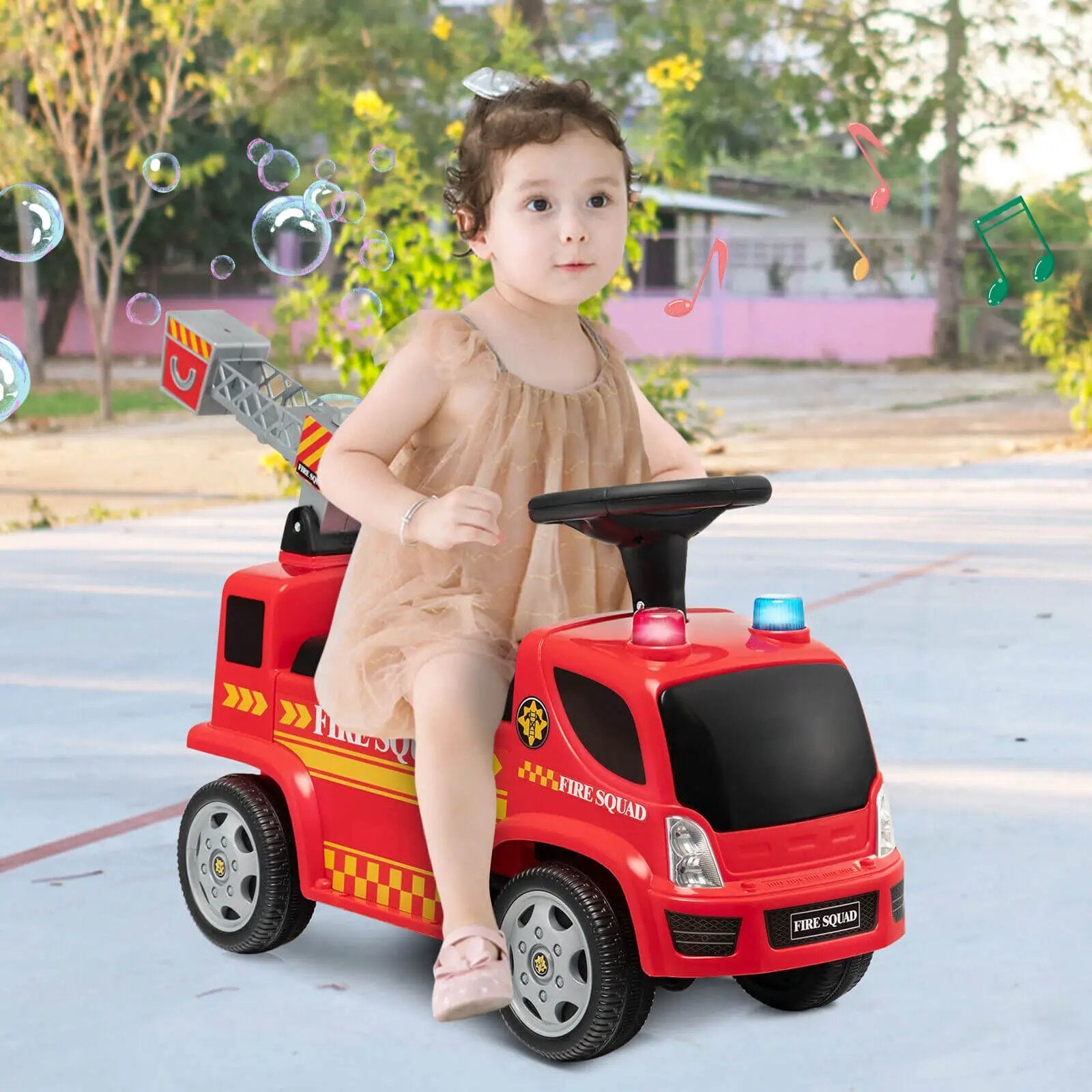Kids Push Ride On Fire Truck with Ladder Bubble Maker and Headlights-Red by DirectDeals
