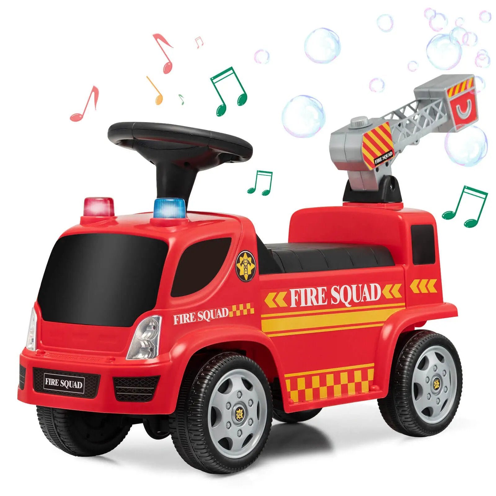 Kids Push Ride On Fire Truck with Ladder Bubble Maker and Headlights-Red by DirectDeals