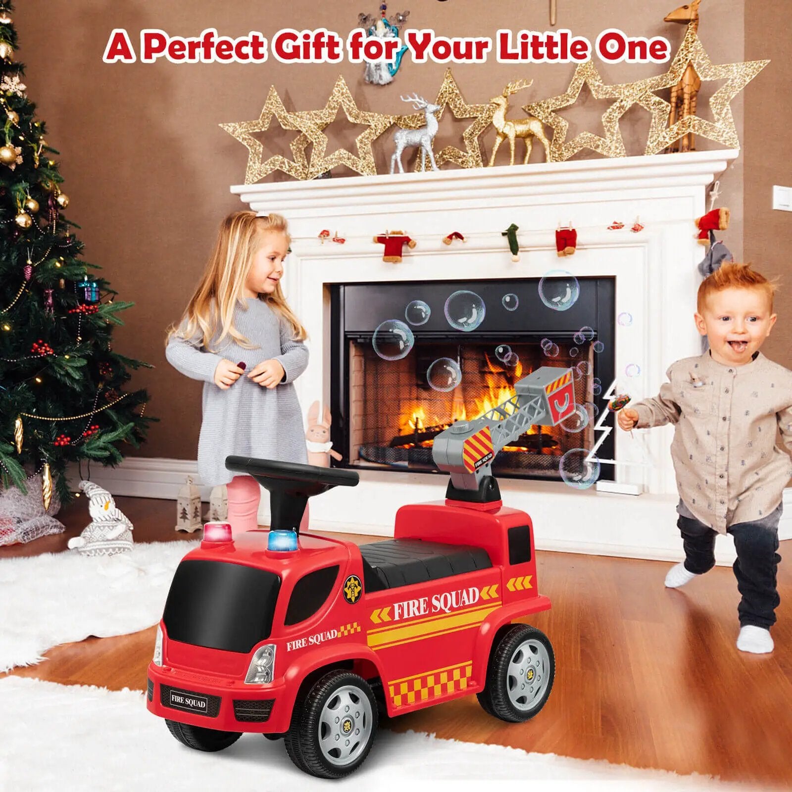 Kids Push Ride On Fire Truck with Ladder Bubble Maker and Headlights-Red by DirectDeals