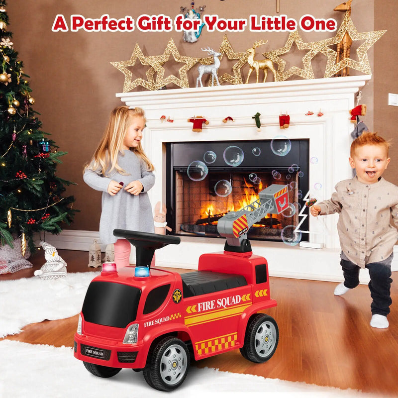 Kids Push Ride On Fire Truck with Ladder Bubble Maker and Headlights-Red by DirectDeals