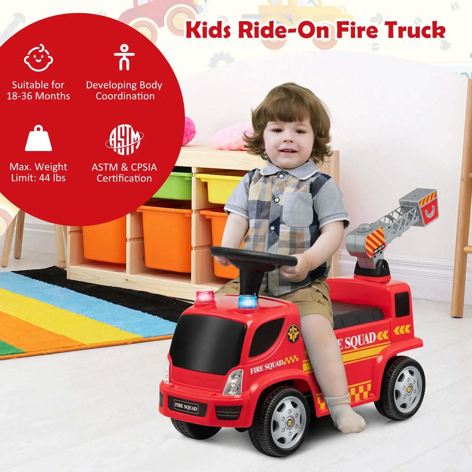 Kids Push Ride On Fire Truck with Ladder Bubble Maker and Headlights-Red by DirectDeals