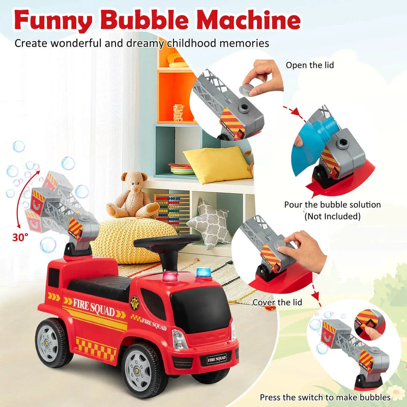 Kids Push Ride On Fire Truck with Ladder Bubble Maker and Headlights-Red by DirectDeals