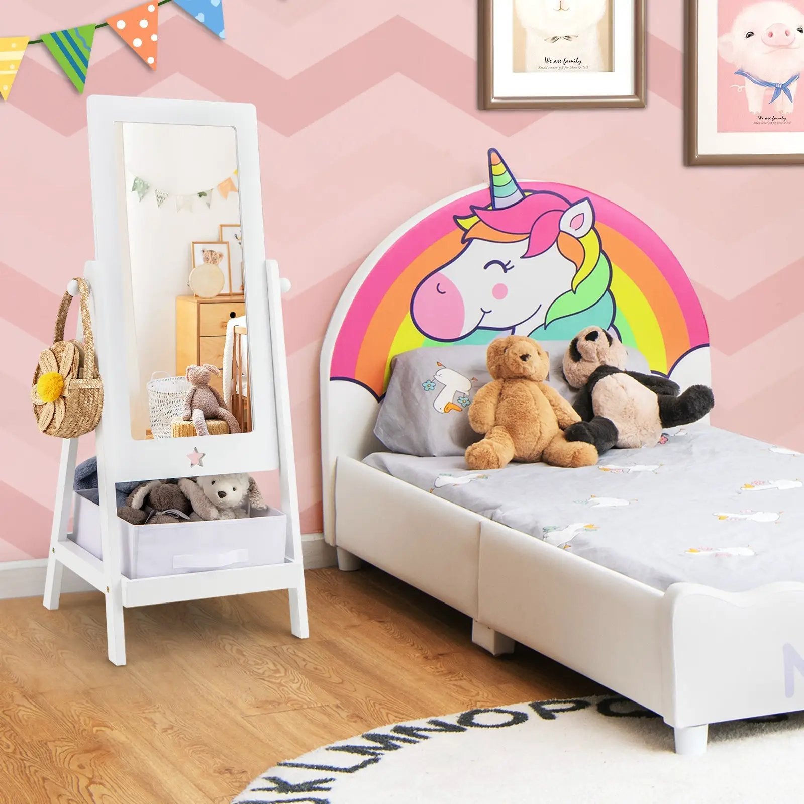 Kids Full Length Mirror 360 Degree Rotatable Dressing Mirror with Storage Bin-White by DirectDeals
