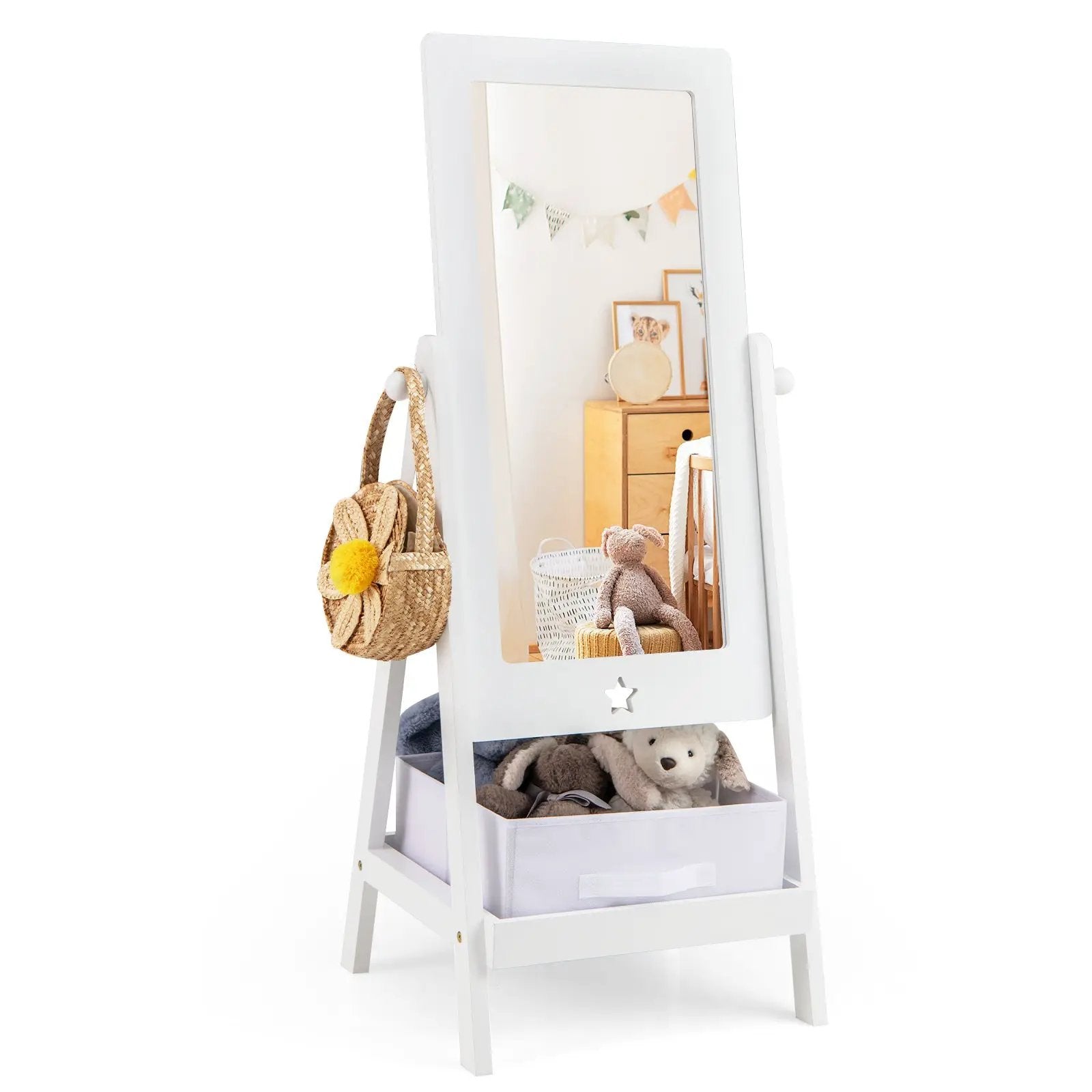 Kids Full Length Mirror 360 Degree Rotatable Dressing Mirror with Storage Bin-White by DirectDeals