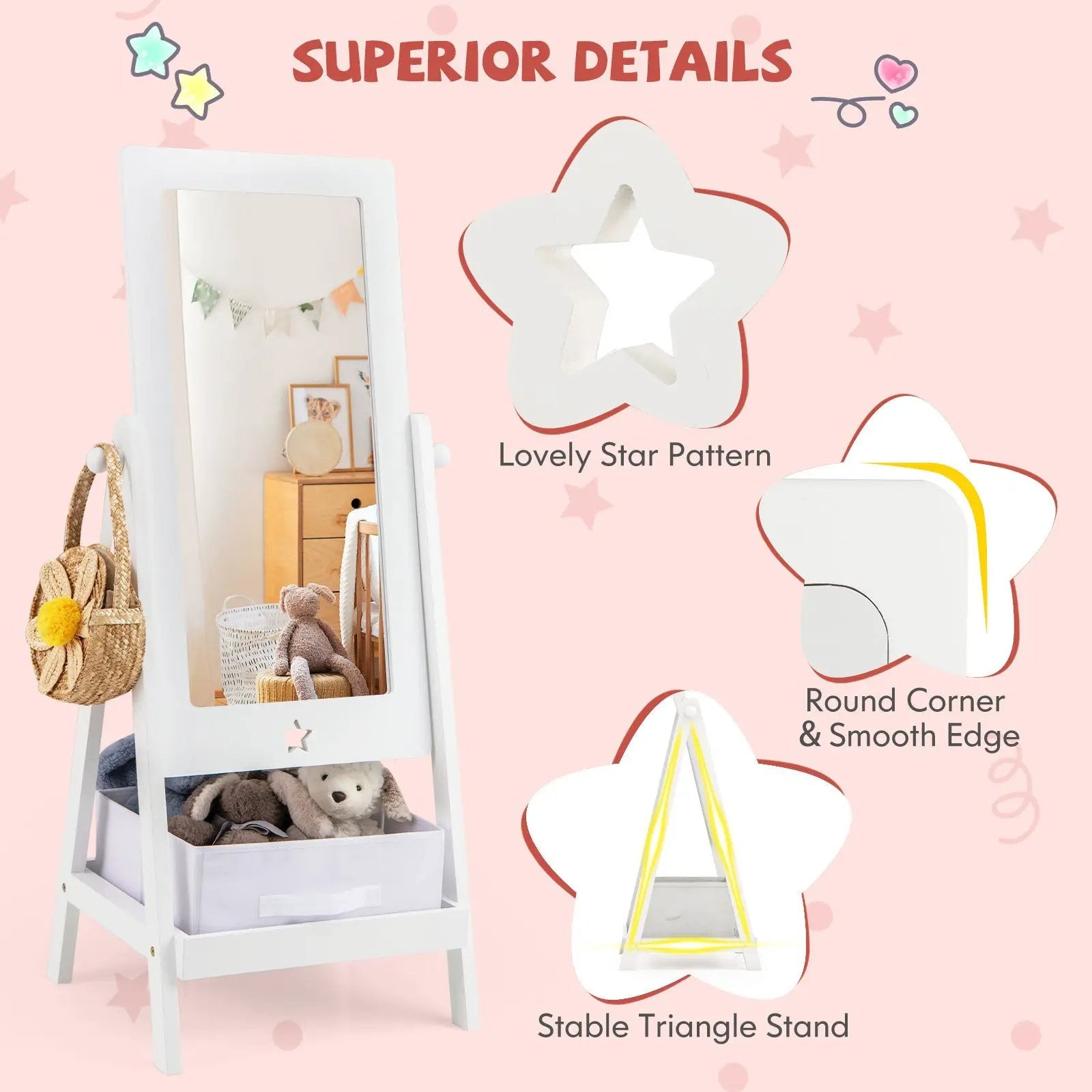 Kids Full Length Mirror 360 Degree Rotatable Dressing Mirror with Storage Bin-White by DirectDeals