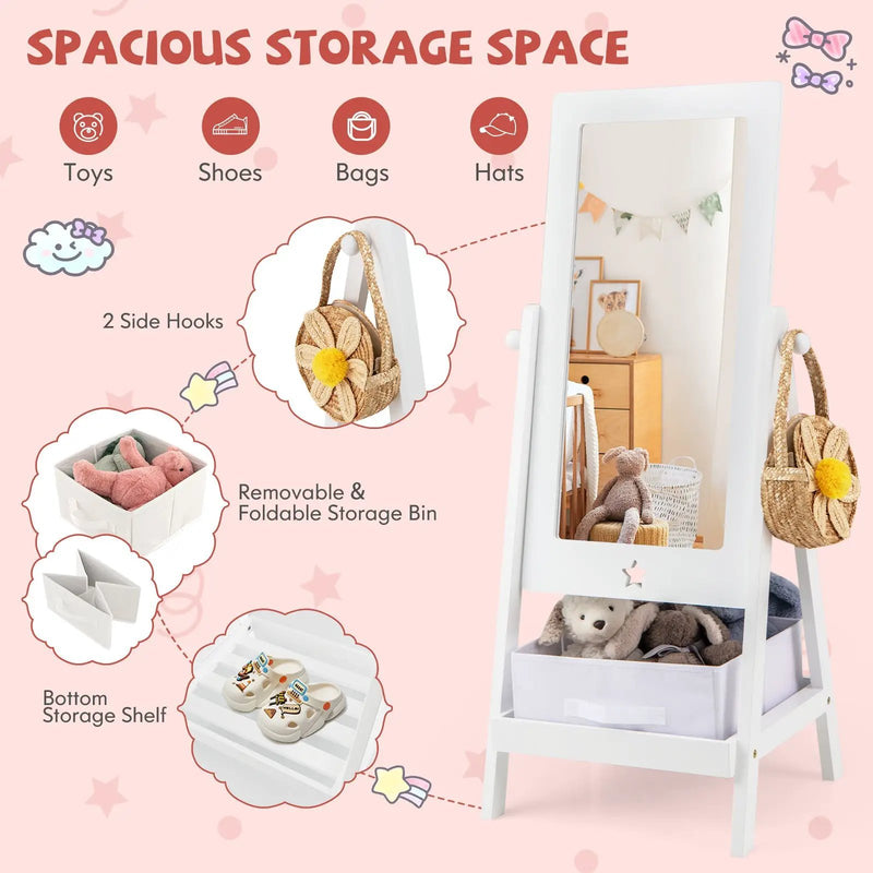 Kids Full Length Mirror 360 Degree Rotatable Dressing Mirror with Storage Bin-White by DirectDeals