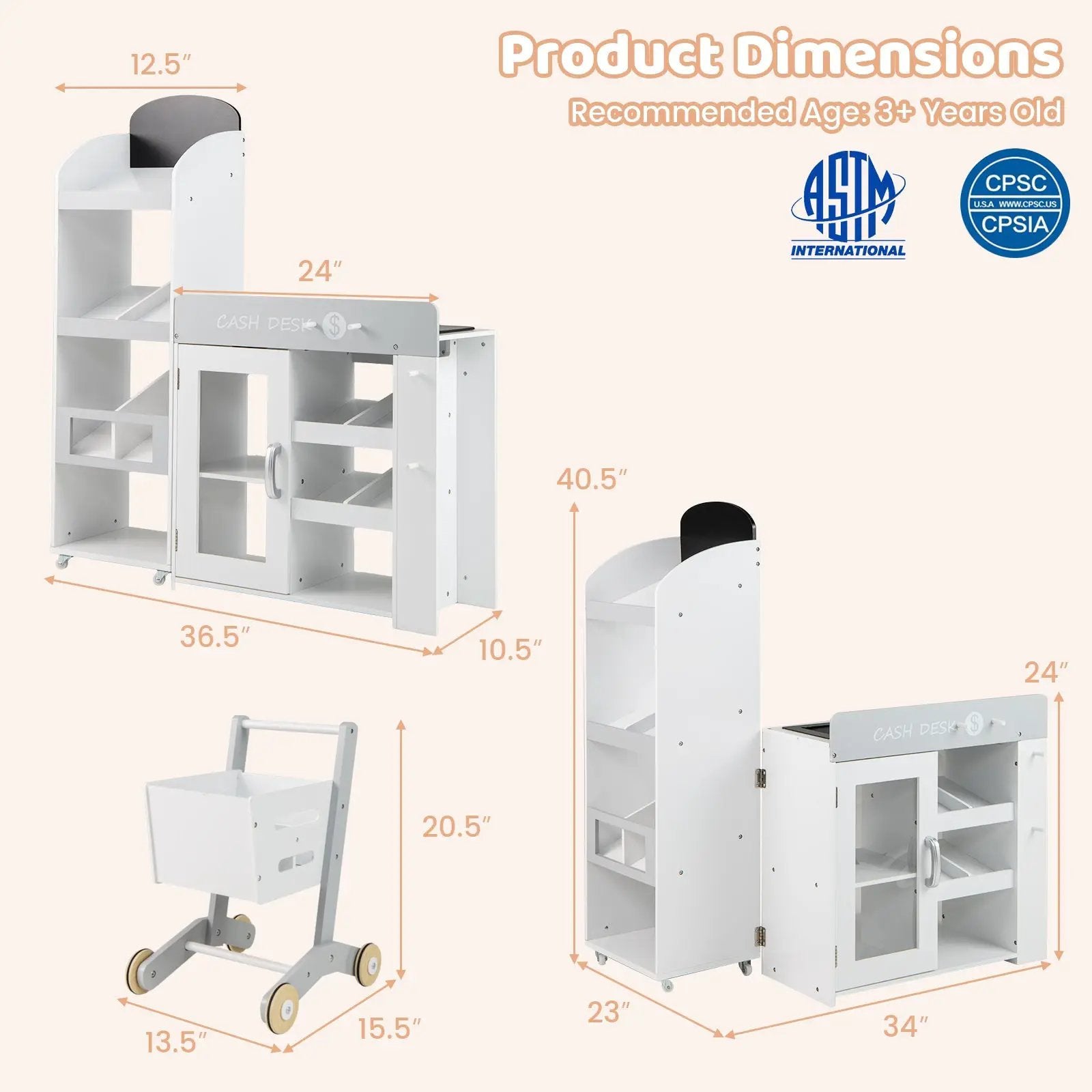 Kids Grocery Store Playset Convertible Wooden Play Store with Shopping Cart-White by DirectDeals