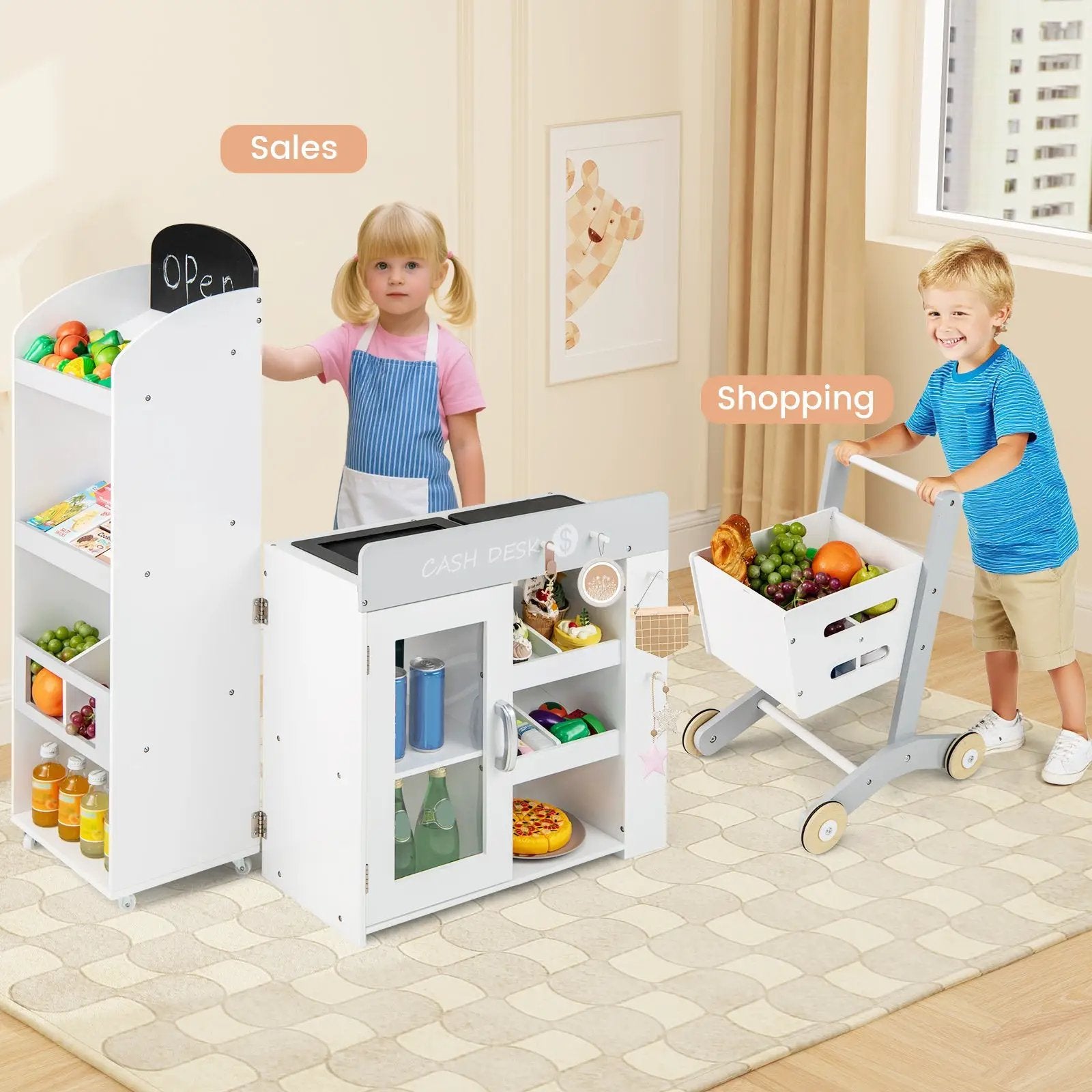 Kids Grocery Store Playset Convertible Wooden Play Store with Shopping Cart-White by DirectDeals