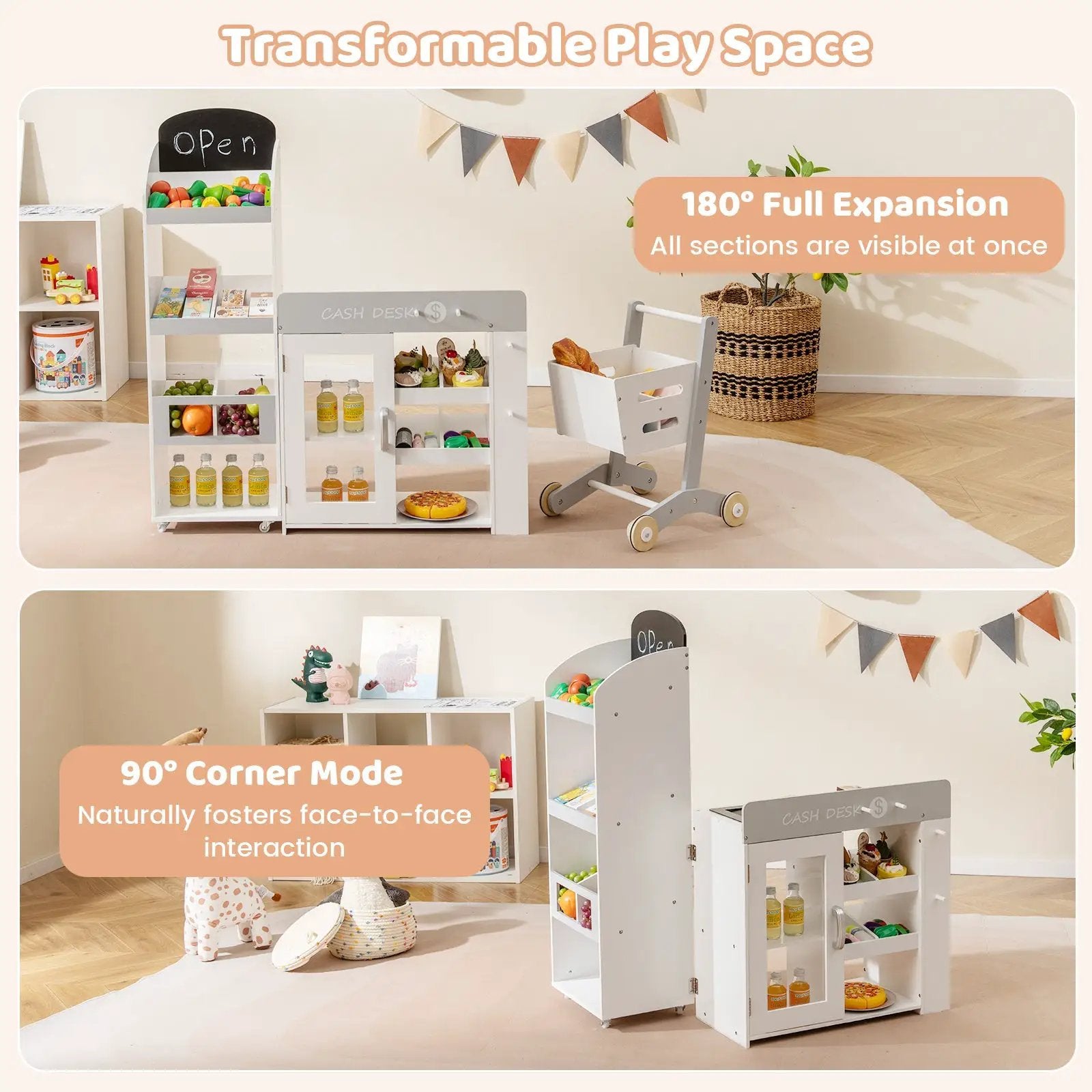 Kids Grocery Store Playset Convertible Wooden Play Store with Shopping Cart-White by DirectDeals