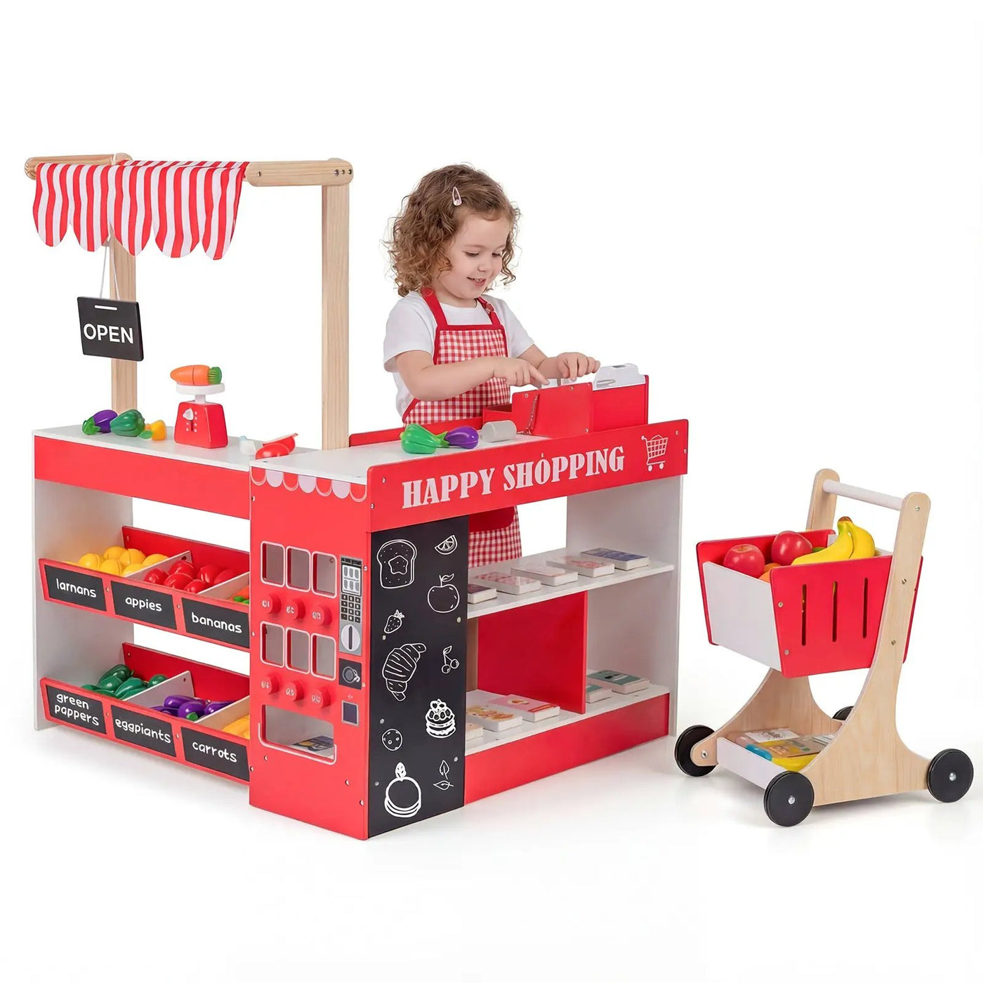 Kids Grocery Store Playset Wooden Pretend Play Supermarket with Shopping Cart by DirectDeals