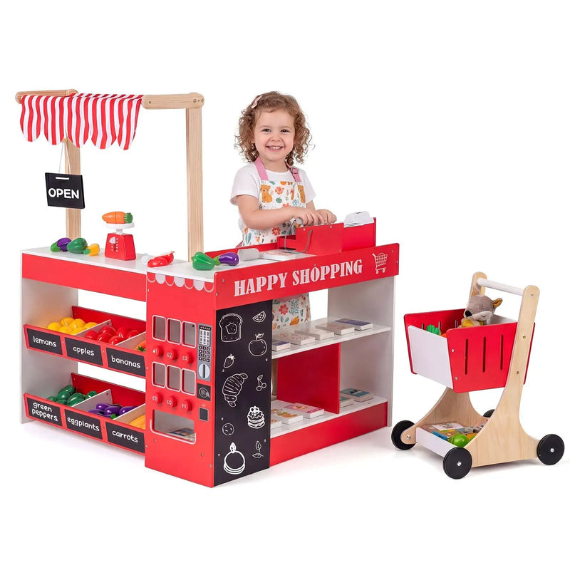 Kids Grocery Store Playset Wooden Pretend Play Supermarket with Shopping Cart by DirectDeals