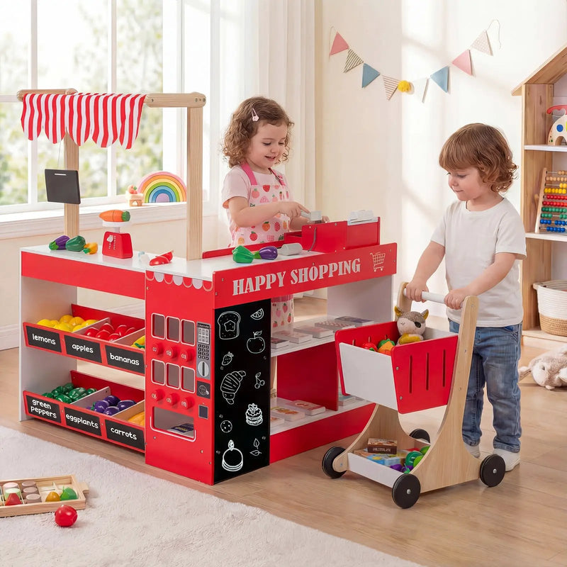 Kids Grocery Store Playset Wooden Pretend Play Supermarket with Shopping Cart by DirectDeals