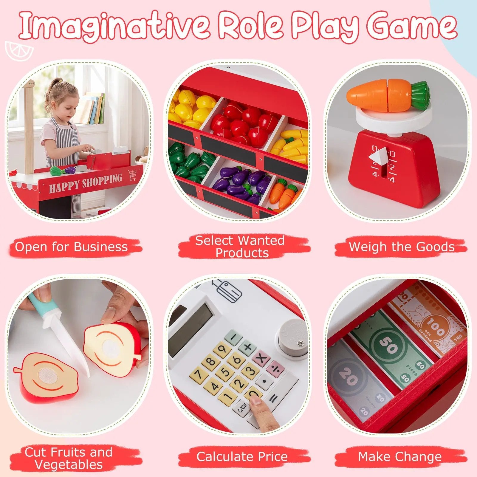 Kids Grocery Store Playset Wooden Pretend Play Supermarket with Shopping Cart by DirectDeals