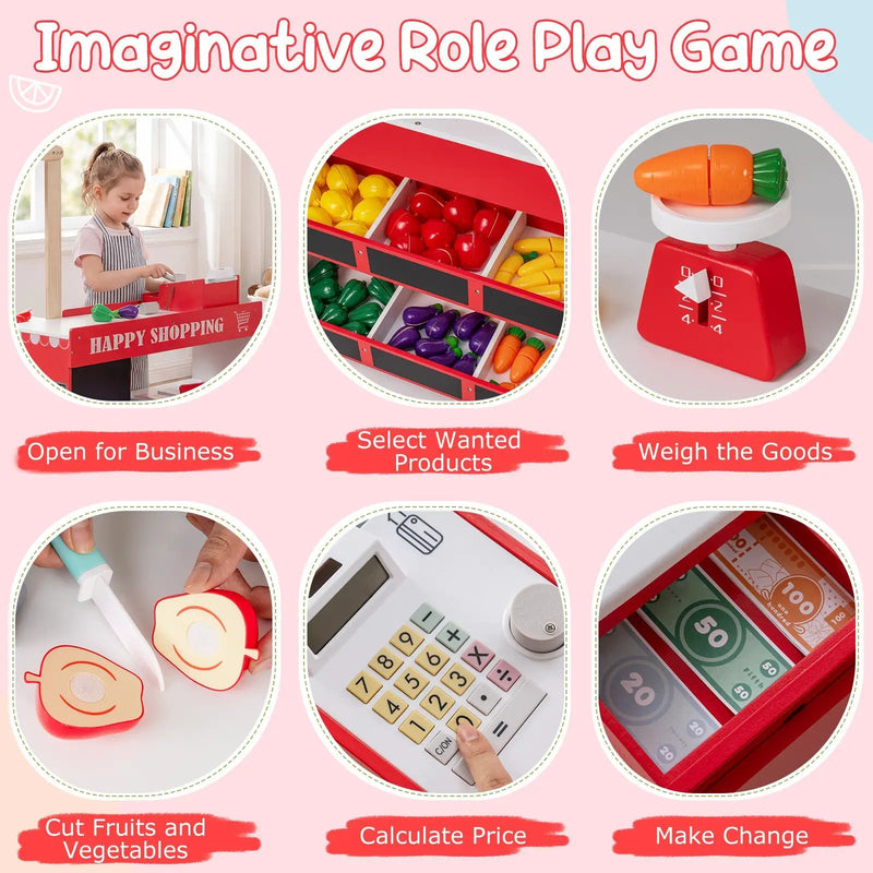 Kids Grocery Store Playset Wooden Pretend Play Supermarket with Shopping Cart by DirectDeals
