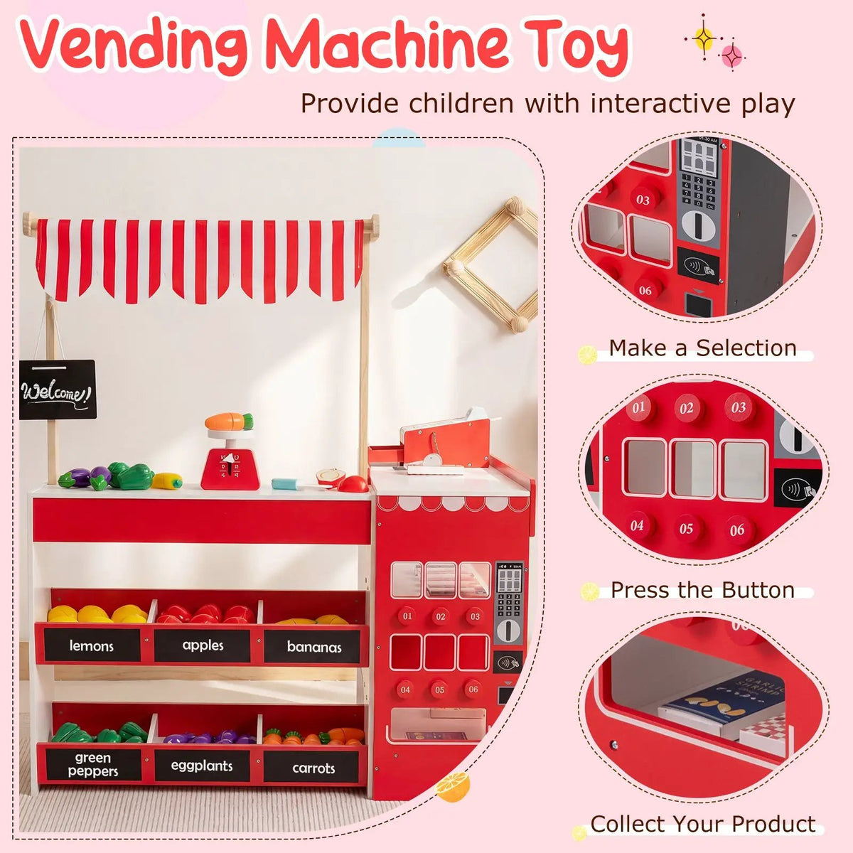 Kids Grocery Store Playset Wooden Pretend Play Supermarket with Shopping Cart by DirectDeals