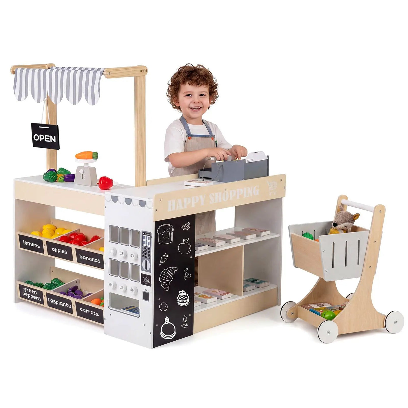 Kids Grocery Store Playset Wooden Pretend Play Supermarket with Shopping Cart by DirectDeals