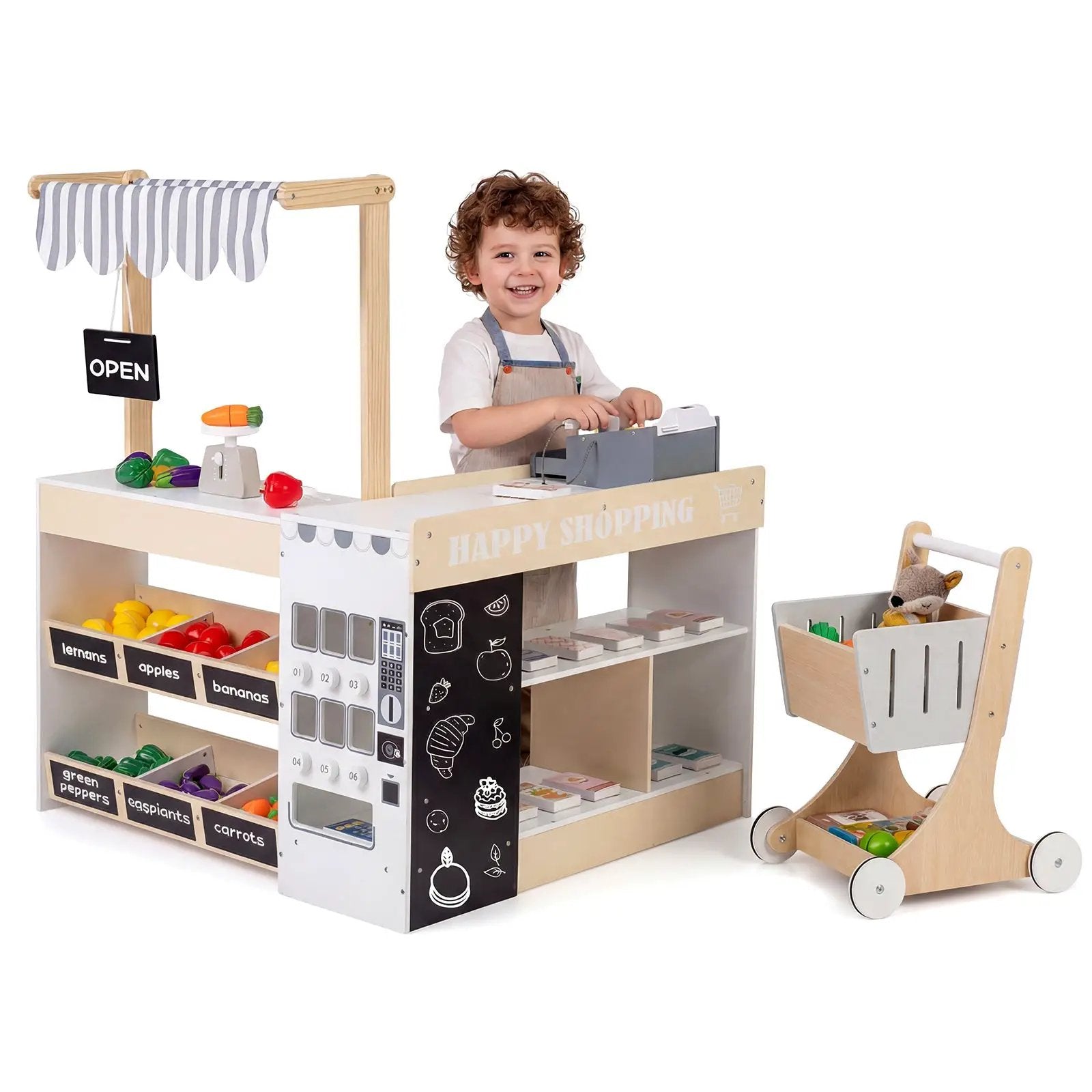 Kids Grocery Store Playset Wooden Pretend Play Supermarket with Shopping Cart by DirectDeals
