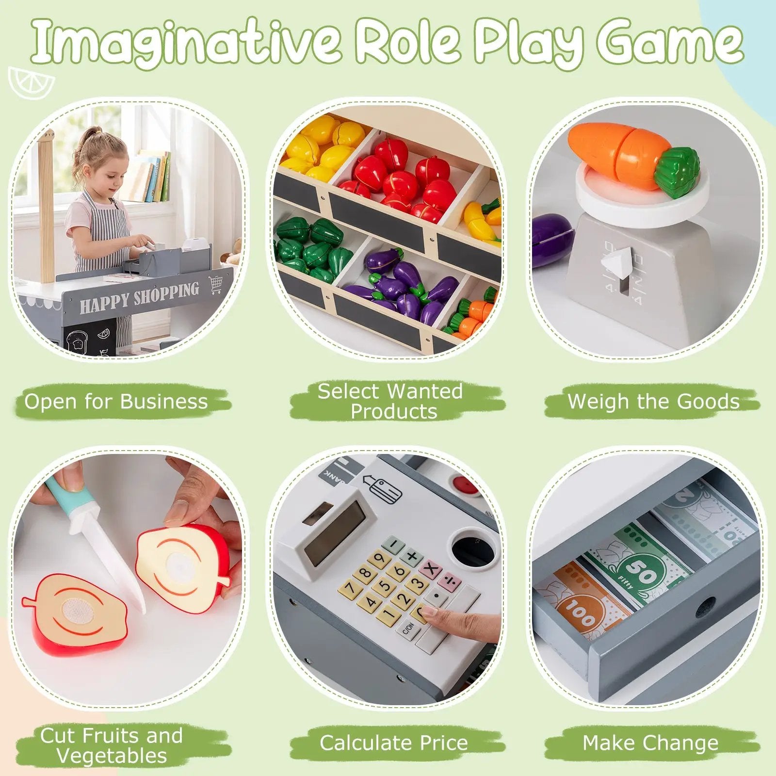 Kids Grocery Store Playset Wooden Pretend Play Supermarket with Shopping Cart by DirectDeals
