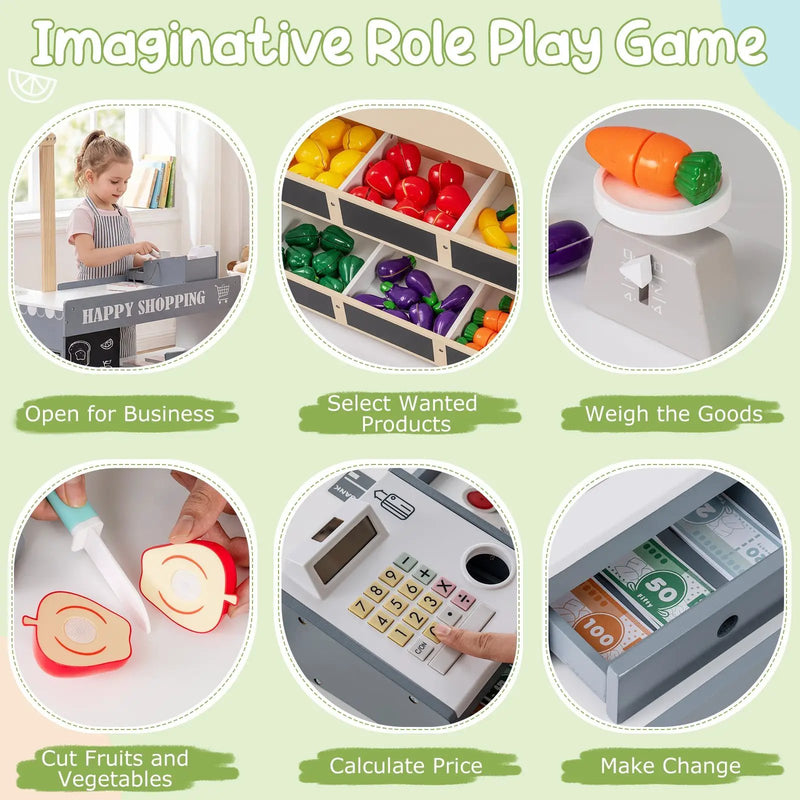 Kids Grocery Store Playset Wooden Pretend Play Supermarket with Shopping Cart by DirectDeals