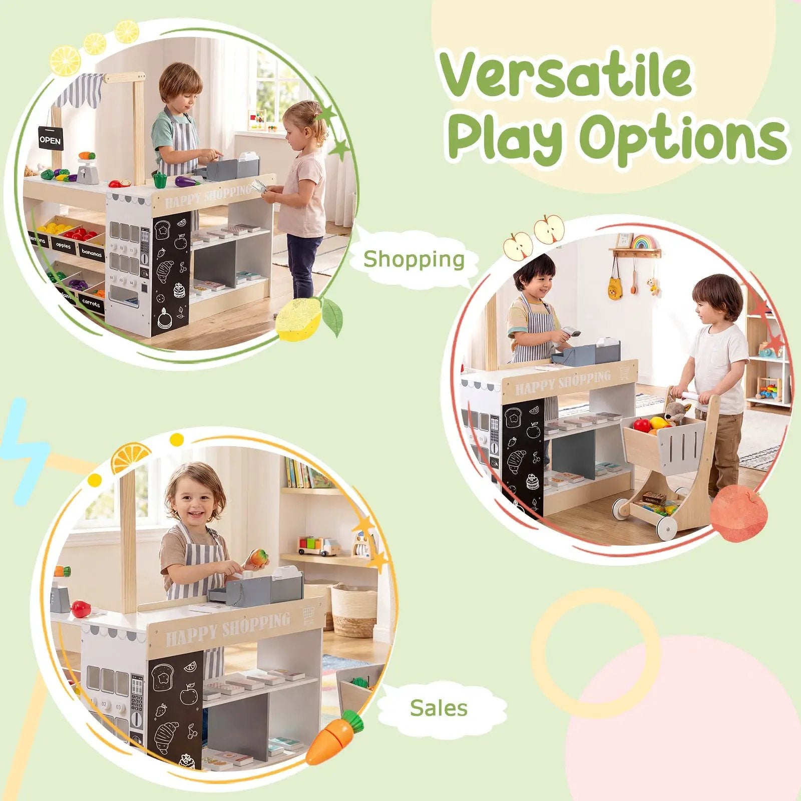 Kids Grocery Store Playset Wooden Pretend Play Supermarket with Shopping Cart by DirectDeals